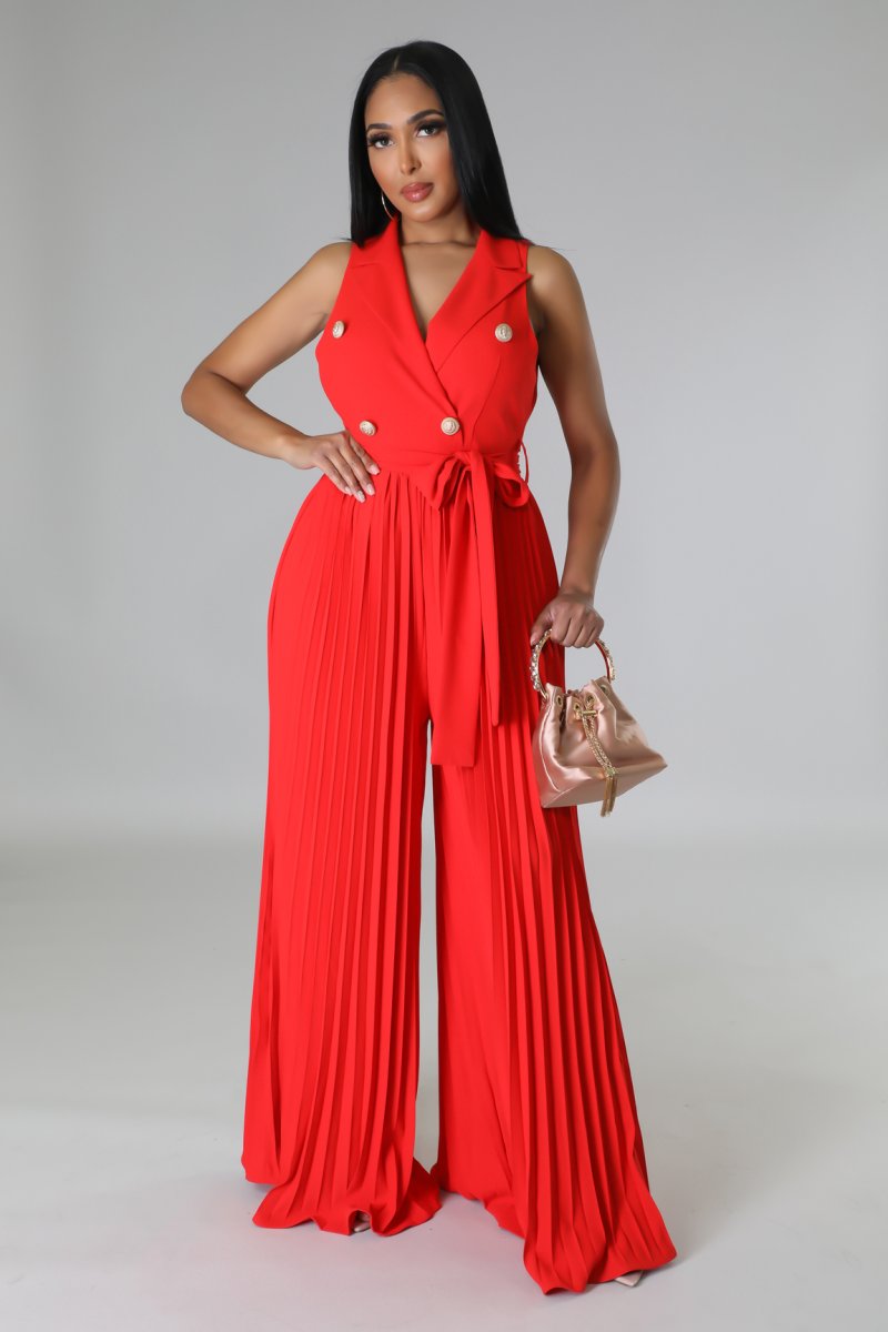 Button Front Belted Pleated Wide Leg Jumpsuit