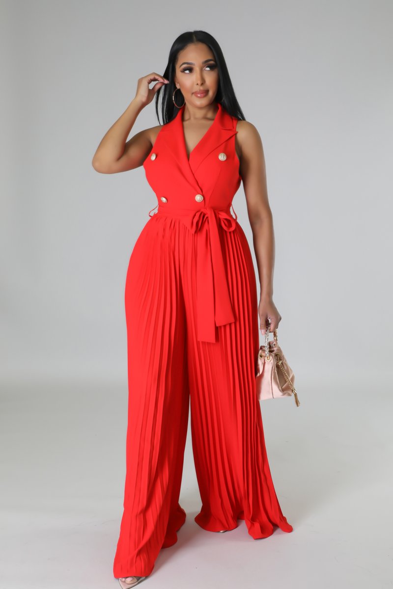 Button Front Belted Pleated Wide Leg Jumpsuit