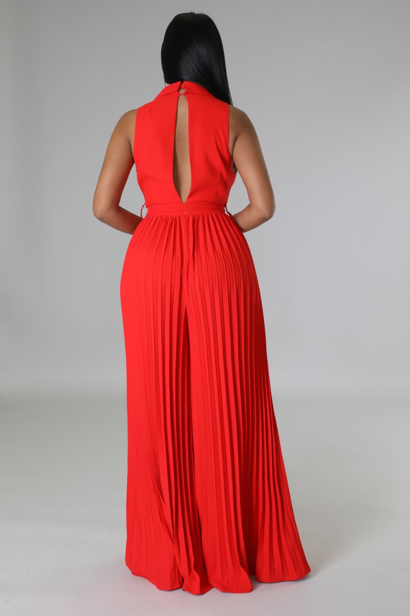 Button Front Belted Pleated Wide Leg Jumpsuit