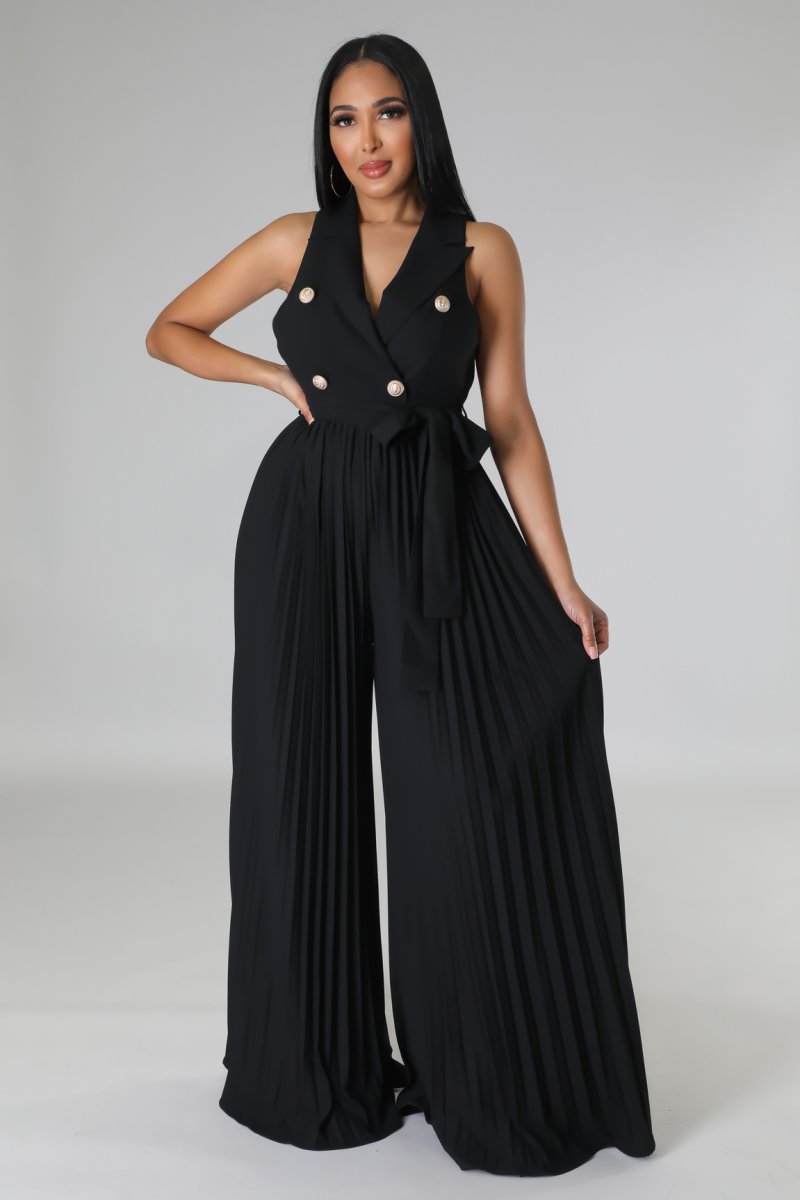 Button Front Belted Pleated Wide Leg Jumpsuit